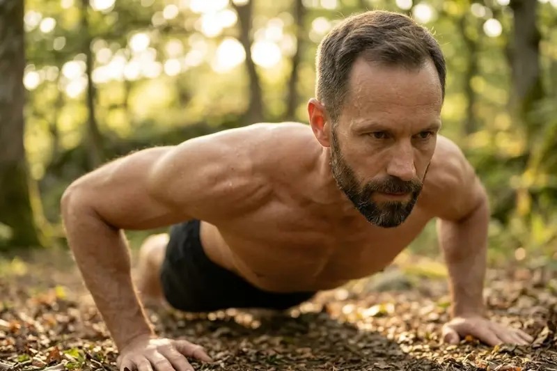 Ein "Hardgainer", ein schlanker Mann mit Bart, macht im Wald einen Liegestütz.