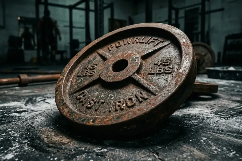 Rostige 45 lbs Hantelscheibe auf einem staubigen Gym-Boden als Symbol für das überholte Stärke-Paradigma beim Muskelaufbau ohne schwere Gewichte.