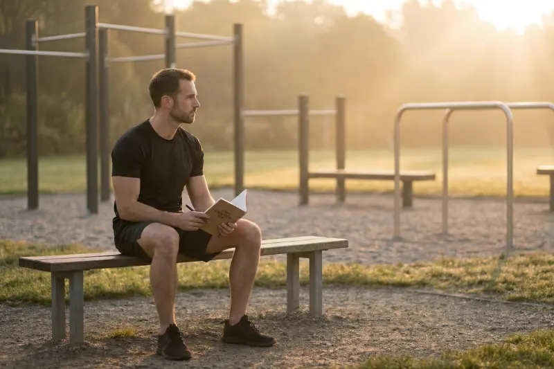 Ein Mann sitzt auf einer Bank in einem Calisthenicspark. 