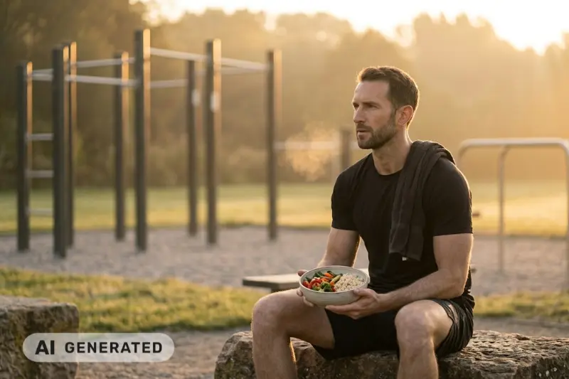Ein Mann sitzt auf einem Stein im Calisthenics-Park. Er hält eine Schüssel mit Essen (Reis, Gemüse) in der Hand.