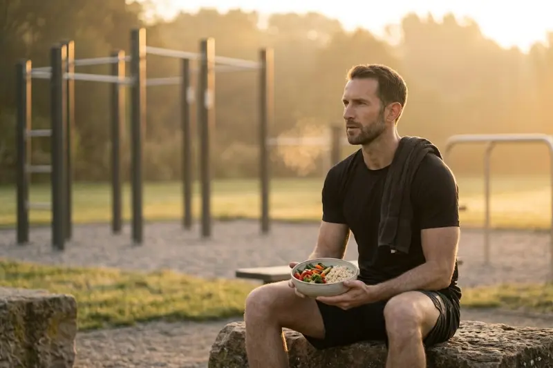 Ein Mann sitzt auf einem Stein im Calisthenics-Park. Er hält eine Schüssel mit Essen (Reis, Gemüse) in der Hand.
