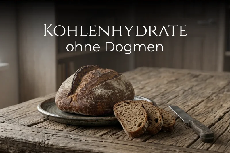 Kohlenhydrate ohne Dogmen: Ein Sauerteigbrot liegt auf einem rustikalen Tisch. Daneben das Brotmesser.