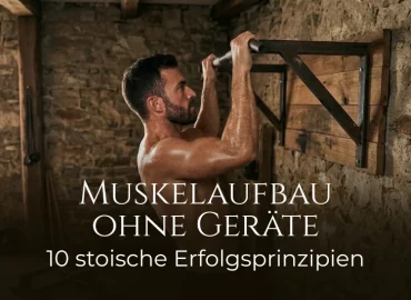 Ein schwitzender Athlet führt Klimmzüge an einer rustikalen Stange vor einer Steinmauer aus. Der Titel lautet: "Muskelaufbau ohne Geräte – 10 stoische Erfolgsprinzipien".