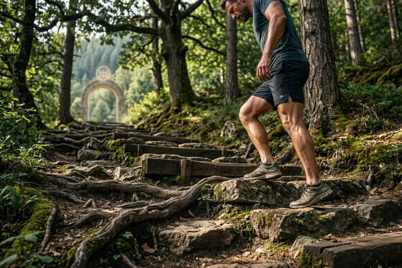Ein athletischer Mann steigt eine unregelmäßige Waldtreppe aus Wurzeln und Steinen hinauf – Symbol für den nicht-linearen und herausfordernden Weg zum Six-Pack.