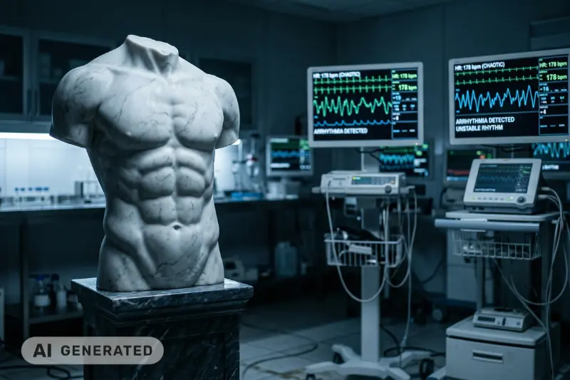 Eine detaillierte Marmor-Torso-Skulptur mit gut definiertem Sixpack steht auf einem Sockel in einem modernen medizinischen Labor. Im unscharfen Hintergrund leuchten medizinische Monitore mit unregelmäßigen Herzfrequenzdaten und Textanzeigen, die gesundheitliche Instabilität anzeigen.