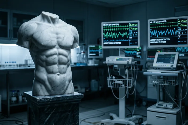 Eine detaillierte Marmor-Torso-Skulptur mit gut definiertem Sixpack steht auf einem Sockel in einem modernen medizinischen Labor. Im unscharfen Hintergrund leuchten medizinische Monitore mit unregelmäßigen Herzfrequenzdaten und Textanzeigen, die gesundheitliche Instabilität anzeigen.
