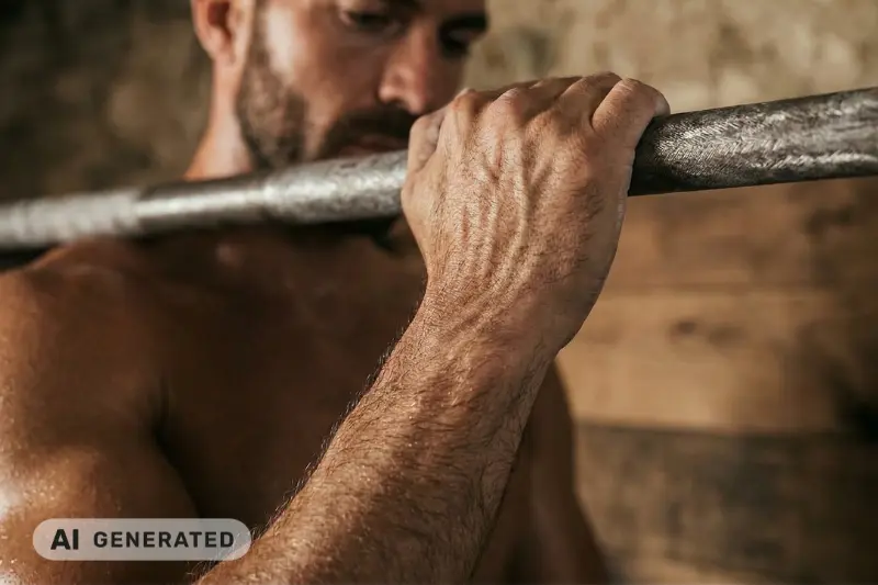 Nahaufnahme vom Griff an einer Klimmzugstange: Die schwitzenden Hände eines Mannes im rustikalen Home-Gym (Eigengewichtstraining/Calisthenics).