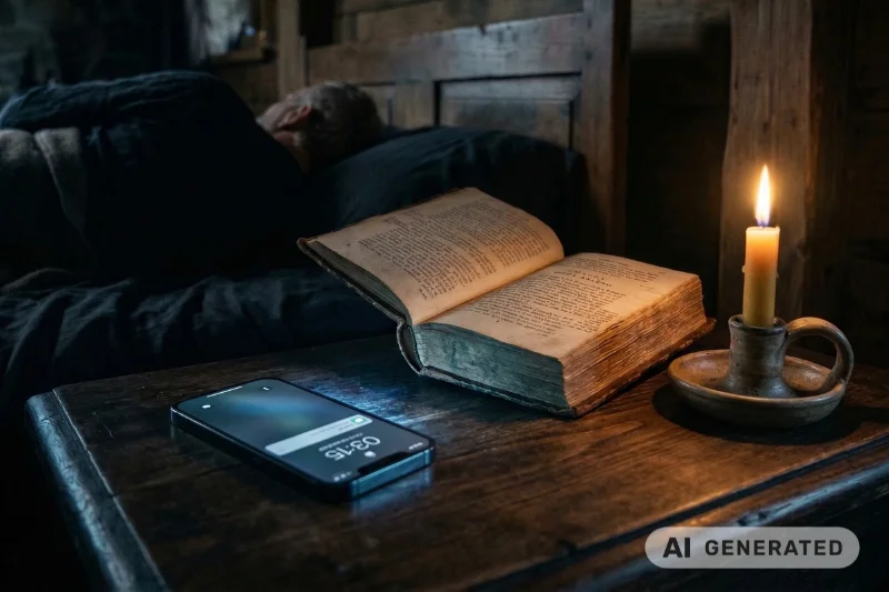 Intime Nachttisch-Szene in einem dunklen, rustikalen Holz-Schlafzimmer. Im Vordergrund auf einem Holztisch liegen ein modernes Smartphone mit leuchtendem Bildschirm, der 03:15 Uhr zeigt, ein offenes, altes, ledergebundenes Buch und ein brennender Kerzenhalter. Die warme Kerzenflamme bildet einen starken Chiaroscuro-Lichtkontrast zum kühlen Licht des Handy-Bildschirms. Im Bett liegt eine Person, dem Betrachter abgewandt. Thema: Schlafhygiene und digitale Ablenkung.
