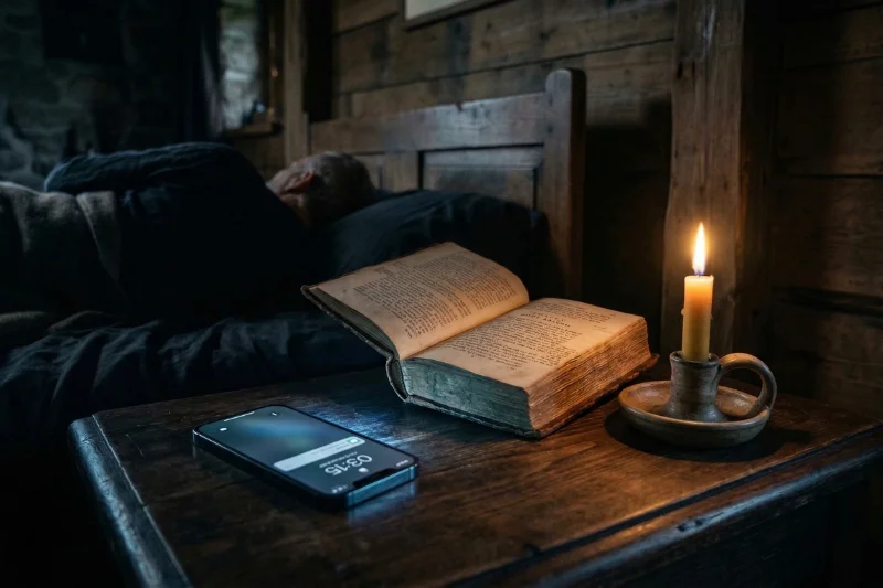 Intime Nachttisch-Szene in einem dunklen, rustikalen Holz-Schlafzimmer. Im Vordergrund auf einem Holztisch liegen ein modernes Smartphone mit leuchtendem Bildschirm, der 03:15 Uhr zeigt, ein offenes, altes, ledergebundenes Buch und ein brennender Kerzenhalter. Die warme Kerzenflamme bildet einen starken Chiaroscuro-Lichtkontrast zum kühlen Licht des Handy-Bildschirms. Im Bett liegt eine Person, dem Betrachter abgewandt. Thema: Schlafhygiene und digitale Ablenkung.