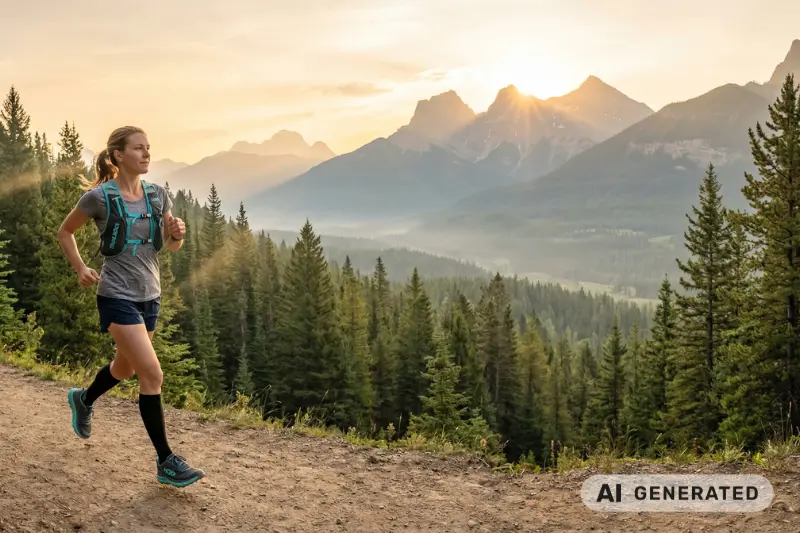 Eine Frau joggt gelassen auf einem breiten Naturpfad durch einen Pinienwald. Im Hintergrund ragen majestätische Berge im sanften Licht des Sonnenaufgangs auf. Sie wirkt fokussiert und ruhig, im Gegensatz zur hektischen Studio-Atmosphäre.