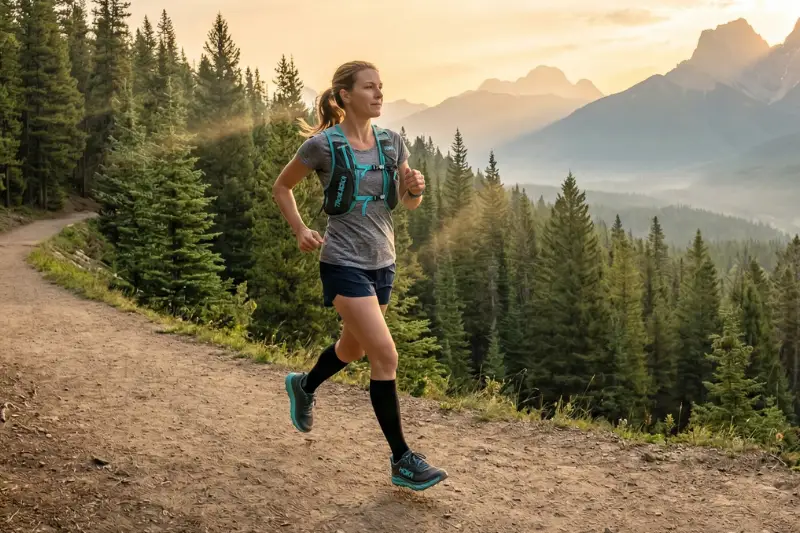 Eine Frau joggt gelassen auf einem breiten Naturpfad durch einen Pinienwald. Im Hintergrund ragen majestätische Berge im sanften Licht des Sonnenaufgangs auf. Sie wirkt fokussiert und ruhig, im Gegensatz zur hektischen Studio-Atmosphäre.