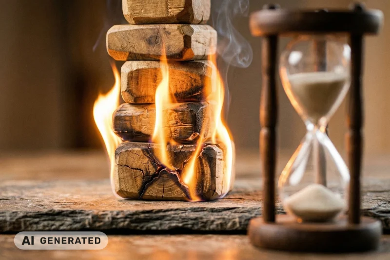 Schlafmangel und Hormone, eine symbolische Darstellung: Nahaufnahme eines Stapels unregelmäßiger, verwitterter Holzklötze, die in hellen Flammen stehen und Rauch abgeben. Der unterste Klotz ist verkohlt und zeigt tiefe Brandrisse. Rechts daneben steht eine traditionelle hölzerne Sanduhr mit laufendem Sand, alles auf einer rauen Schieferoberfläche.