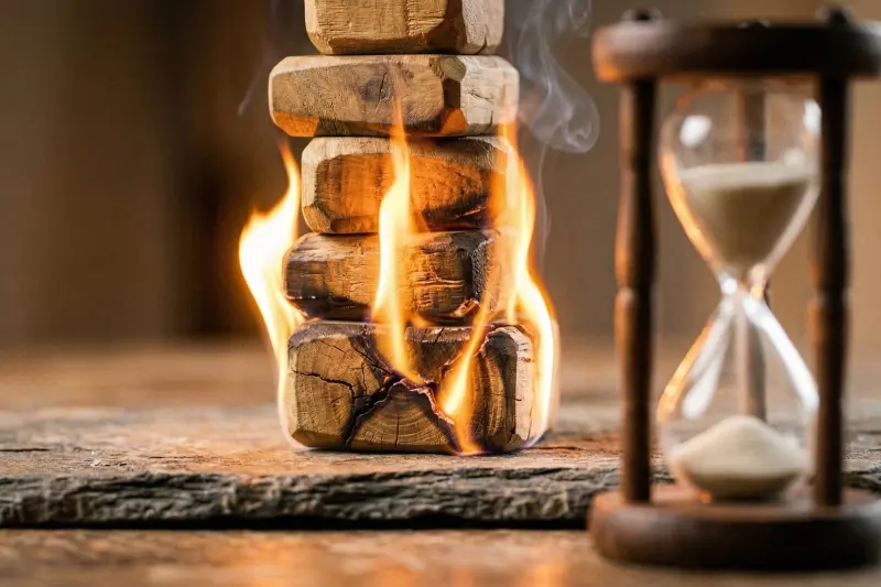 Schlafmangel und Hormone, eine symbolische Darstellung: Nahaufnahme eines Stapels unregelmäßiger, verwitterter Holzklötze, die in hellen Flammen stehen und Rauch abgeben. Der unterste Klotz ist verkohlt und zeigt tiefe Brandrisse. Rechts daneben steht eine traditionelle hölzerne Sanduhr mit laufendem Sand, alles auf einer rauen Schieferoberfläche.