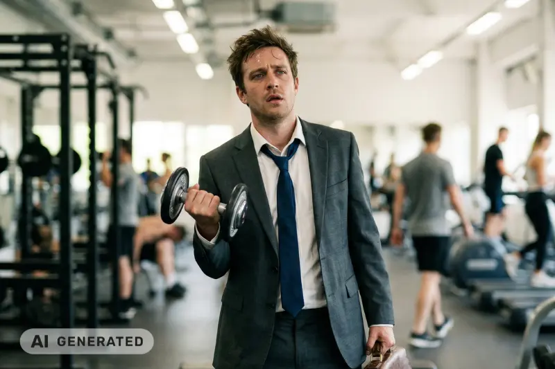 Ein sichtlich gestresster Mann mit Aktentasche steht im Fitnessstudio und macht Hantel-Curls.