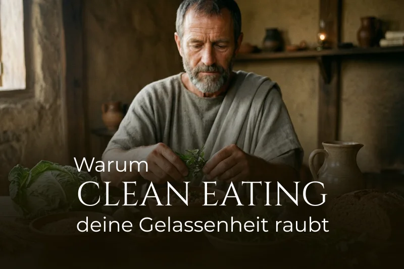 Stoischer Philosoph bereitet einfache Mahlzeit zu; Textoverlay: Warum CLEAN EATING deine Gelassenheit raubt.
