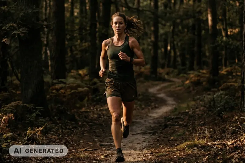 Eine athletische Frau joggt konzentriert auf einem Pfad durch einen dichten Wald. Das Bild ist in erdigen Tönen und stimmungsvollem, tiefstehendem Sonnenlicht gehalten. Es visualisiert moderate Bewegung im Freien als wichtigen Teil der Routine, um den Schlaf zu optimieren.