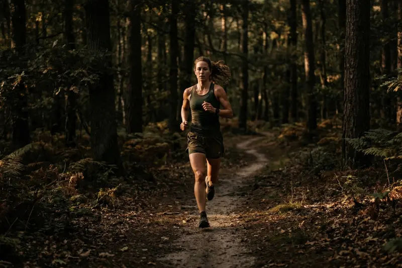 Eine athletische Frau joggt konzentriert auf einem Pfad durch einen dichten Wald. Das Bild ist in erdigen Tönen und stimmungsvollem, tiefstehendem Sonnenlicht gehalten. Es visualisiert moderate Bewegung im Freien als wichtigen Teil der Routine, um den Schlaf zu optimieren.
