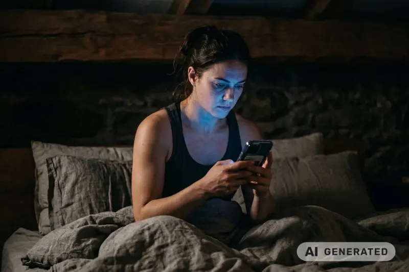 Eine sichtlich müde, erschöpfte Frau sitzt spät in der Nacht im Bett und starrt auf ihr leuchtendes Smartphone-Display. Das kühle, künstliche Licht des Bildschirms beleuchtet ihr ernstes Gesicht in einem dunklen, rustikalen Schlafzimmer mit Steinwänden und Holzdeckenträgern. Dies visualisiert Schlafmangel und digitale Ablenkung, die Regeneration und Muskelaufbau im Keim ersticken.