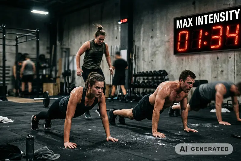 Eine Gruppe von Menschen trainiert schweißgebadet und erschöpft in einem dunklen, industriellen Fitnessstudio. Im Vordergrund machen eine Frau und ein Mann intensive Liegestütze, während an der Wand ein großer digitaler Timer „MAX INTENSITY“ anzeigt.