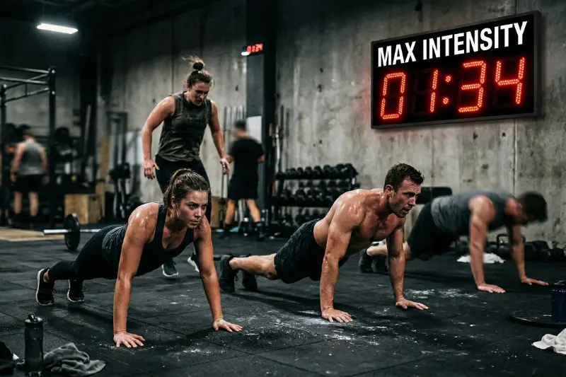Eine Gruppe von Menschen trainiert schweißgebadet und erschöpft in einem dunklen, industriellen Fitnessstudio. Im Vordergrund machen eine Frau und ein Mann intensive Liegestütze, während an der Wand ein großer digitaler Timer „MAX INTENSITY“ anzeigt.