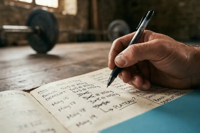 Nahaufnahme einer Hand, die in ein verwittertes Trainingstagebuch schreibt. Man sieht Übungen wie Kreuzheben und das groß geschriebene Wort „PLATEAU?“. Eine Hantelstange ist im Hintergrund unscharf erkennbar.