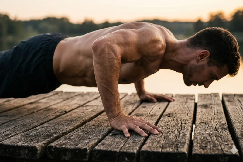 Nahaufnahme eines durchtrainierten Athleten bei Liegestützen auf einem rustikalen Holzsteg. Das warme Licht betont die hohe Körperspannung und muskulöse Definition.