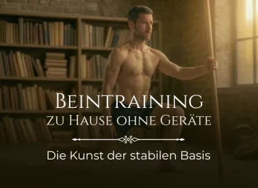 Ein athletischer Mann führt in einem rustikalen Raum mit Bücherregalen einen Ausfallschritt aus und nutzt einen Holzstab zur Stabilisierung. Text-Overlay: Beintraining zu Hause ohne Geräte – Die Kunst der stabilen Basis.