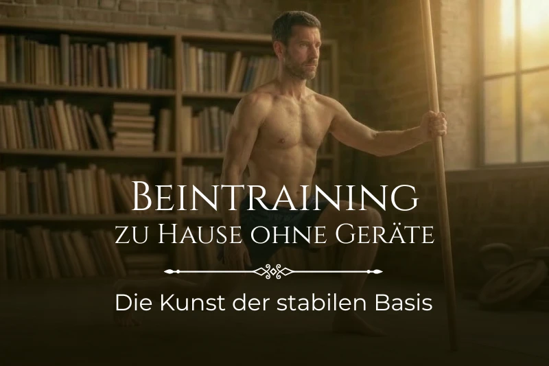 Ein athletischer Mann führt in einem rustikalen Raum mit Bücherregalen einen Ausfallschritt aus und nutzt einen Holzstab zur Stabilisierung. Text-Overlay: Beintraining zu Hause ohne Geräte – Die Kunst der stabilen Basis.