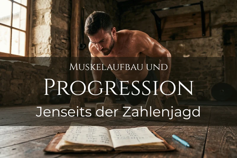 Ein muskulöser Mann führt Liegestütze auf hölzernen Parallettes in einem rustikalen Loft aus. Im unscharfen Vordergrund liegt ein aufgeschlagenes Trainingstagebuch. Text im Bild: „MUSKELAUFBAU UND PROGRESSION Jenseits der Zahlenjagd“