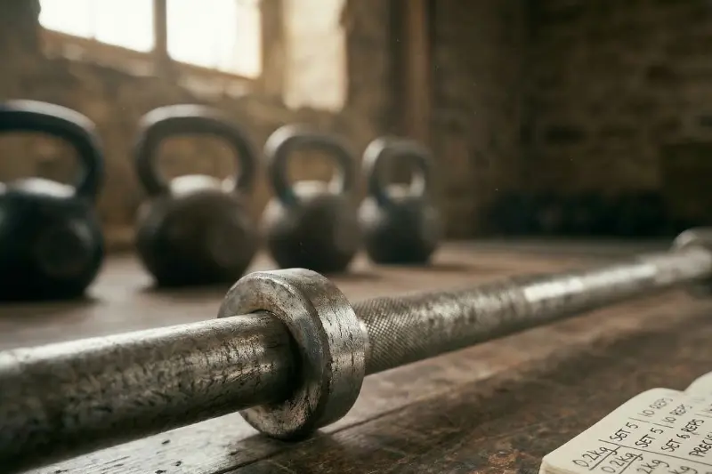 Nahaufnahme einer unbeladenen Hantelstange auf rustikalem Holzboden, direkt daneben ein aufgeschlagenes Trainingstagebuch mit akribischen Zahlen-Aufzeichnungen (z. B. „0.2kg“). Im unscharfen Hintergrund stehen Kettlebells vor einer Steinwand.