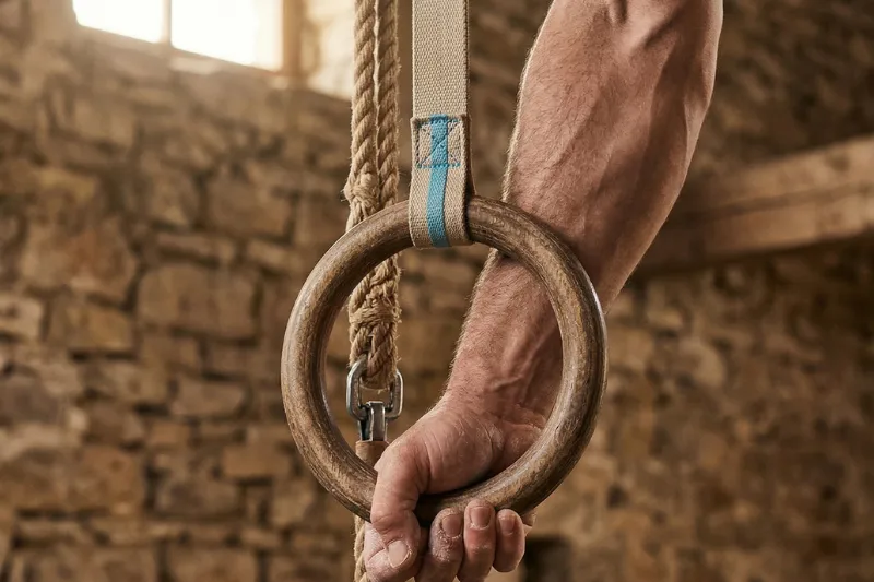 Ein muskulöser Unterarm greift einen hölzernen Turnring mit blauem Akzent am Gurt. Das Bild in einem rustikalen Raum mit Steinwänden symbolisiert Kraft, Souveränität und die Beherrschung der Bewegung.