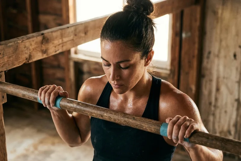 Eine Athletin mit hoher Körperspannung und schweißnasser Haut hält sich konzentriert an einer Holzstange fest. Die geschlossenen Augen verdeutlichen den Fokus auf die innere Körperwahrnehmung und somatische Intelligenz.