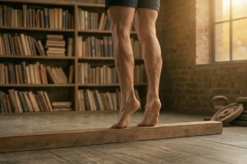 Hier sind passende Vorschläge für den Alt-Text dieses Bildes, die sowohl die barrierefreie Beschreibung als auch deine SEO-Keywords berücksichtigen:

Option A (Beschreibend & SEO-fokussiert):

"Nahaufnahme eines Mannes beim Wadenheben auf einem Holzbalken. Die angespannte Wadenmuskulatur ist im Fokus, im Hintergrund befindet sich ein rustikales Zimmer mit Bücherregal und warmem Sonnenlicht.