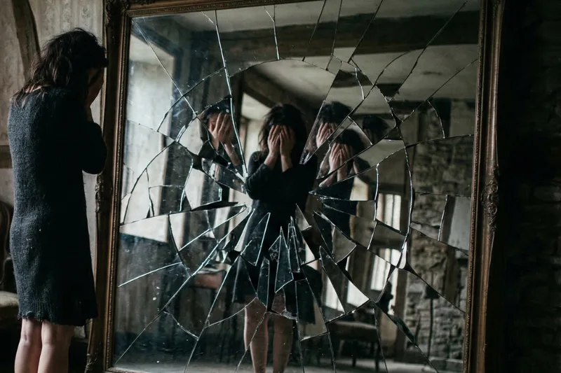 Eine Frau steht in einem düsteren Raum vor einem großen, zersplitterten Spiegel und hält verzweifelt ihr Gesicht in den Händen. Ihre Reflexion erscheint in den Scherben verzerrt und fragmentiert.