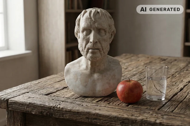 Eine Büste eines Philosophen steht auf einem massiven Holztisch. Daneben liegt ein Apfel und ein Glas Wasser – Symbolbild für den Stoic-Fitness-Mindeset der Ernährung