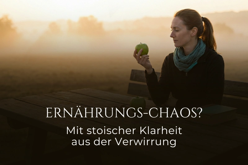 Eine nachdenkliche Frau betrachtet einen grünen Apfel an einem nebligen Morgen im Freien. Das Bild symbolisiert stoische Klarheit inmitten von Ernährungs-Chaos und enthält den Text: Ernährungs-Chaos? Mit stoischer Klarheit aus der Verwirrung.
