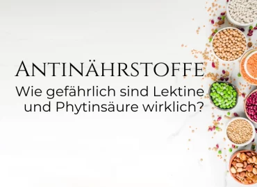 Verschiedene bunte Hülsenfrüchte wie Linsen, Kichererbsen und Bohnen auf hellem Hintergrund mit dem Text: Antinährstoffe – Wie gefährlich sind Lektine und Phytinsäure wirklich?