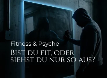 Nachdenklicher Mann vor einem Spiegelbild in düsterer Atmosphäre. KI-generierte Visualisierung zum Thema psychische Fitness und Selbstreflexion.