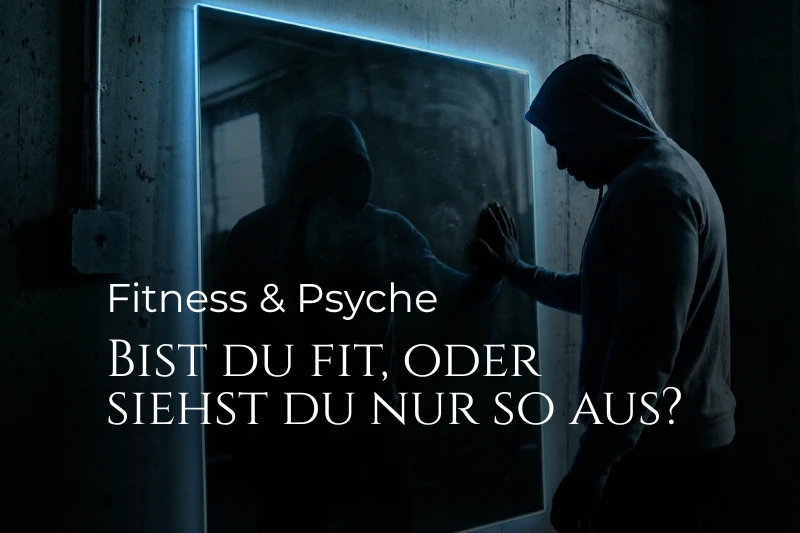 Nachdenklicher Mann vor einem Spiegelbild in düsterer Atmosphäre. KI-generierte Visualisierung zum Thema psychische Fitness und Selbstreflexion.
