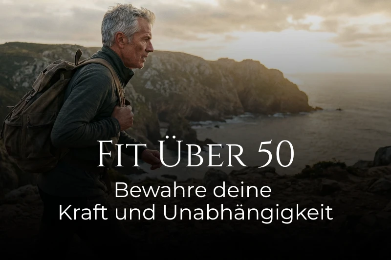 Ein fitter Mann über 50 wandert mit Rucksack an einer felsigen Küste – Symbol für Kraft und Unabhängigkeit im Alter.