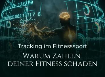 Konzeptgrafik zur Quantifizierungsfalle: Eine Person im Halbschatten mit einem leuchtend goldenen Kern bricht durch einen Käfig aus kühlem, blauem Binärcode und Fitness-Daten-Ringen. Der Text im Bild lautet: „Tracking im Fitnesssport – Warum Zahlen deiner Fitness schaden“
