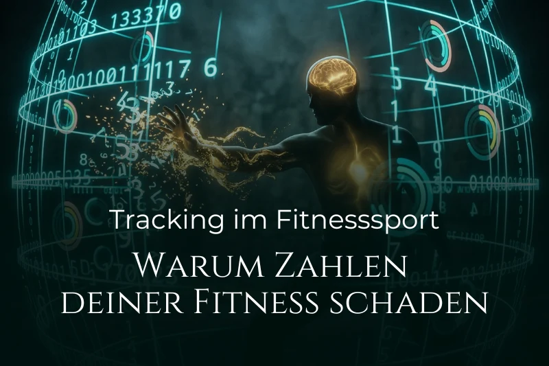 Konzeptgrafik zur Quantifizierungsfalle: Eine Person im Halbschatten mit einem leuchtend goldenen Kern bricht durch einen Käfig aus kühlem, blauem Binärcode und Fitness-Daten-Ringen. Der Text im Bild lautet: „Tracking im Fitnesssport – Warum Zahlen deiner Fitness schaden“