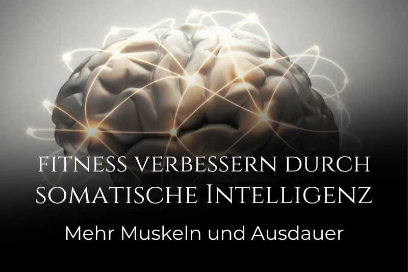 Grafische Darstellung eines menschlichen Gehirns mit golden leuchtenden neuronalen Netzwerken auf dunklem Hintergrund. Der Text im Bild lautet: „Fitness verbessern durch somatische Intelligenz – Mehr Muskeln und Ausdauer“.