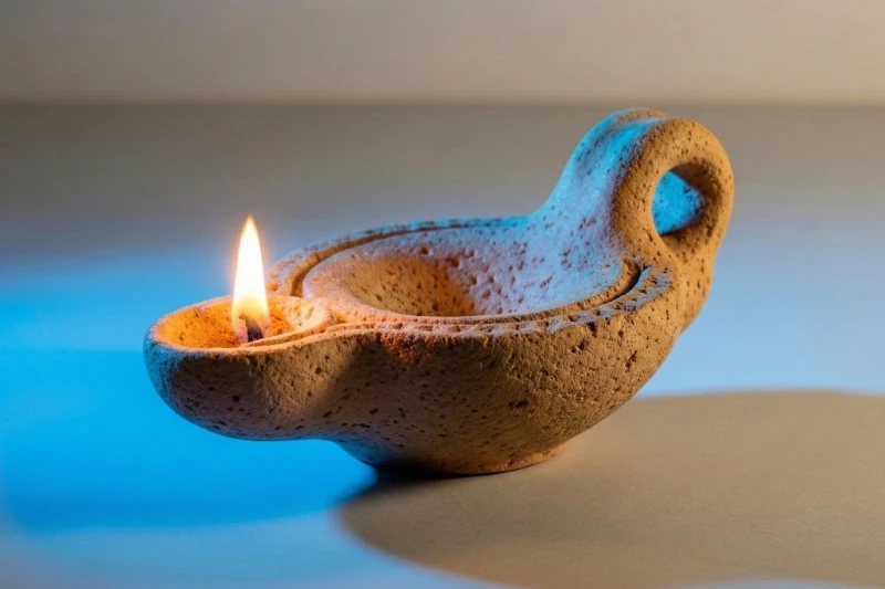 Symbolisches Bild für Stoic-Fitness: Eine antike brennende Öllampe aus Ton auf grauem Grund, seitlich mit blauem Licht akzentuiert als Metapher für beständige innere Energie.