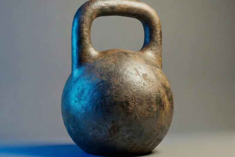 Die physische Säule von Stoic-Fitness: Eine massive, gusseiserne Kettlebell in antikem Look, minimalistisch inszeniert mit einer blauen Lichtkante in der Markenfarbe.