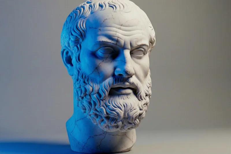 Stoische Philosophie als Fundament: Eine antike Marmorbüste eines Philosophen (Seneca), minimalistisch inszeniert mit einer blauen Lichtkante in der Markenfarbe von Stoic-Fitness.